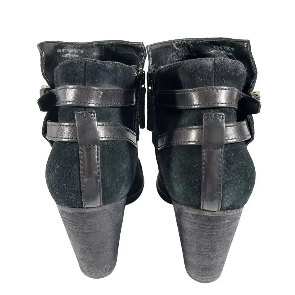 COLE HAAN! BLACK GENUINE SUEDE LEATHER CRISS-CROSS, CHUNKY ANKLE BOOTS! SZ 10B